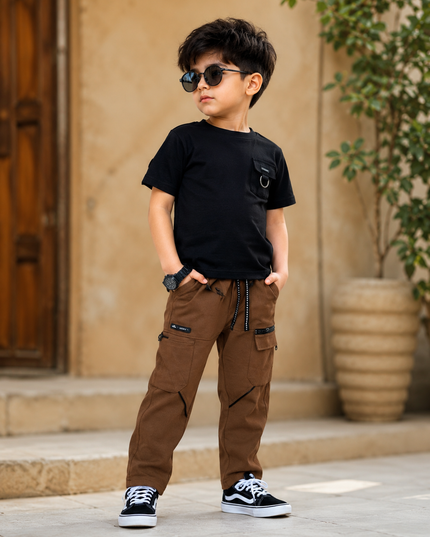BOYS PANT CODE-A136 Boys Brown Cargo Pants with Utility Pockets | Stylish Kids Casual Wear – He and She