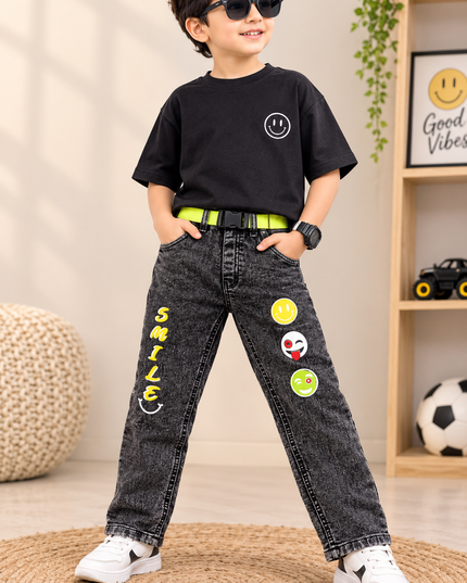 BOYS JEANS CODE-A142 Boys Black Acid Wash Smile Print Jeans with Neon Belt