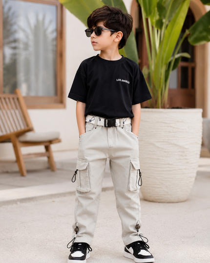 BOYS JEANS CODE-A141 Boys Stylish Cargo Pants with Belt & Utility Pockets – Off-White & Sage Green