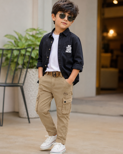 BOYS JEANS CODE-A140 Boys Beige Cargo Jeans with Utility Pockets & Belt – Stylish Casual Wear