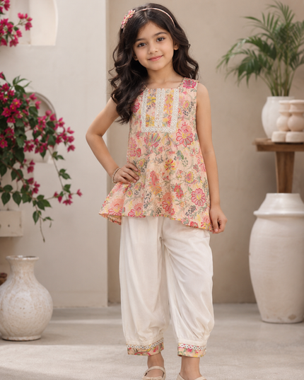 GIRLS PATIYALA CODE-A156 Girls Floral Printed Cotton Kurti with White Salwar Set | Ethnic Wear for Girls | He And She