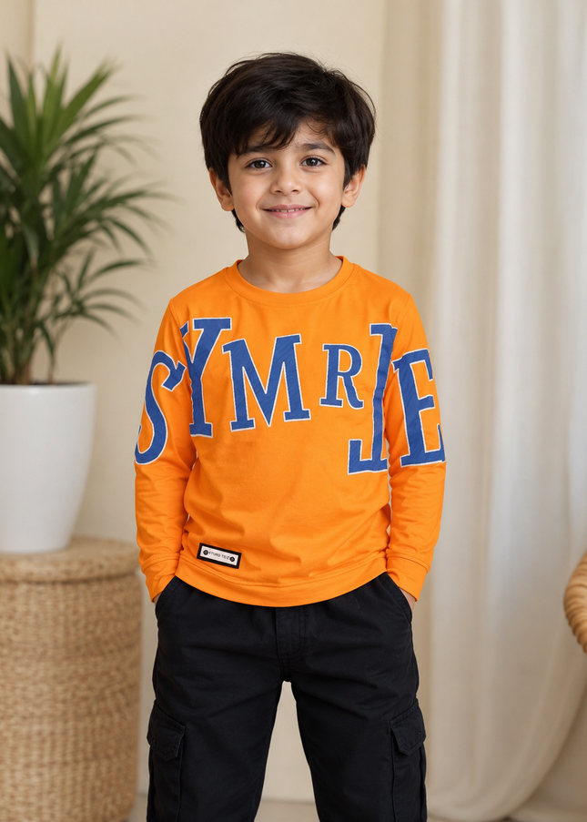BOYS TSHIRT CODE-A161 Boys Orange Full Sleeve Graphic Printed Cotton T-Shirt | Casual Winter Wear | He And She Kidswear