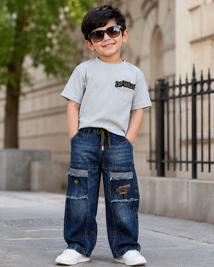 BOYS JEANS CODE-A162 Boys Dark Blue Wide Leg Cargo Jeans with Patchwork | Stylish Denim Pants for Kids | He And She Kidswear