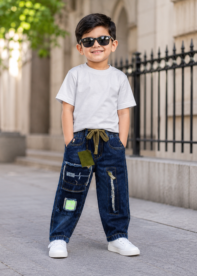 BOYS JEANS CODE-A164 Boys Dark Blue Patchwork Denim Jeans | Stylish Full-Length Kids Jeans | He And She