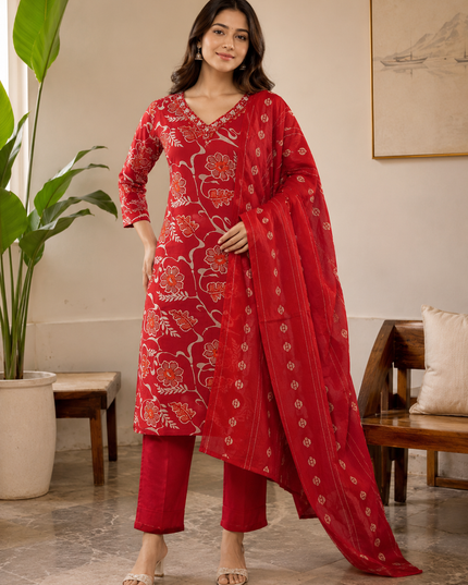LADIES KURTI SET CODE-A176 He and She Women's Red Floral Printed Straight Kurti Set with Straight Pants & Dupatta | Elegant 3-Piece Ethnic Wear