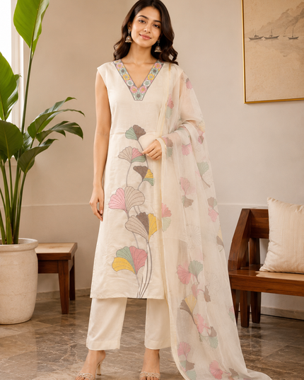 LADIES KURTI SET CODE-A178 He and She Women's Off White Floral Embroidered Straight Kurti Set with Straight Pants & Printed Dupatta | Elegant Ethnic 3-Piece Set