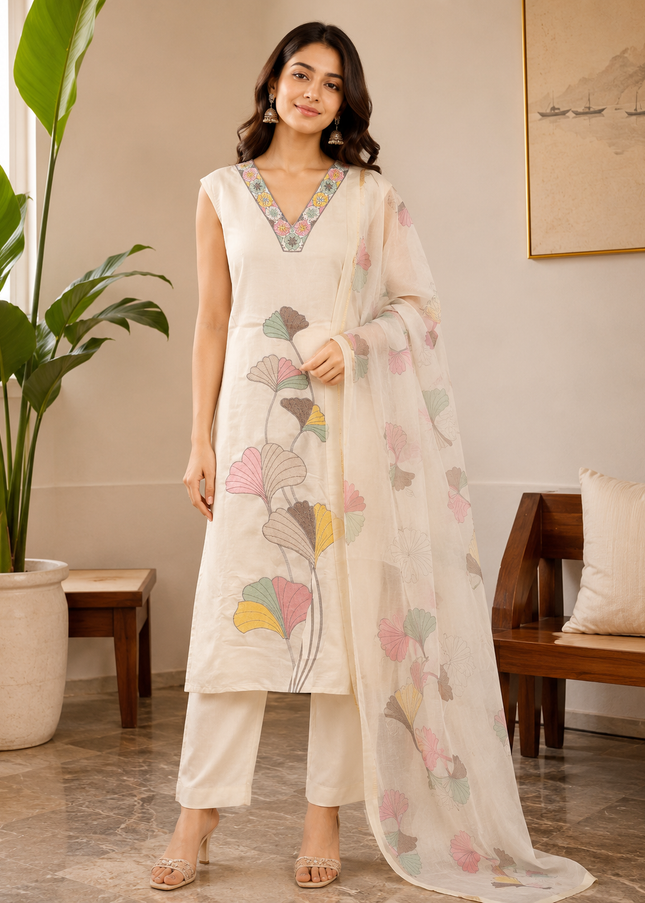 LADIES KURTI SET CODE-A178 He and She Women's Off White Floral Embroidered Straight Kurti Set with Straight Pants & Printed Dupatta | Elegant Ethnic 3-Piece Set