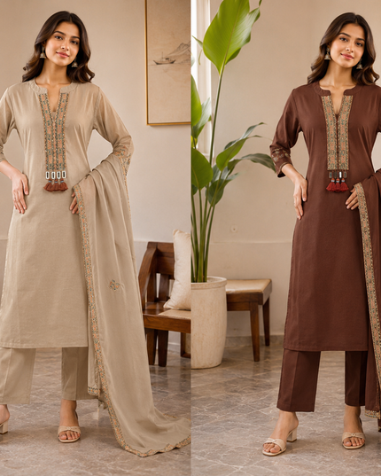 LADIES KURTI SET CODE-A179 He and She Women's Embroidered Straight Kurti Set with Straight Pants & Dupatta | Beige & Brown | 3-Piece Ethnic Wear
