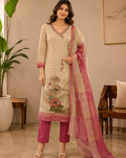 LADIES KURTI SET CODE-A180 He and She Women's Beige Floral Printed Straight Kurti Set with Straight Pants & Organza Dupatta | Elegant 3-Piece Ethnic Wear