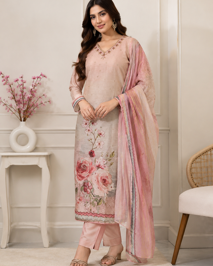 LADIES KURTI SET CODE-A181 He And She Women's Floral Printed Kurti Pant Set with Dupatta | V-Neck Ethnic Suit Set