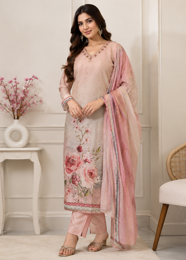 LADIES KURTI SET CODE-A181 He And She Women's Floral Printed Kurti Pant Set with Dupatta | V-Neck Ethnic Suit Set