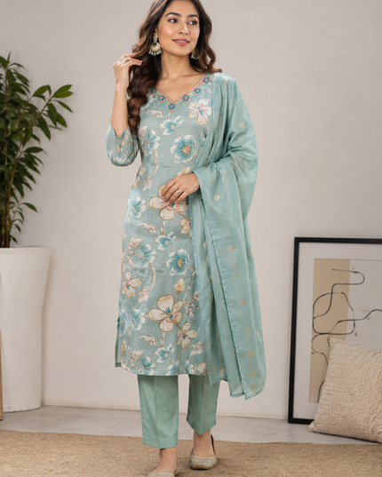 LADIES KURTI SET CODE-A182 He and She Women's Mint Green Floral Kurti Pant Set with Dupatta | Ethnic Wear
