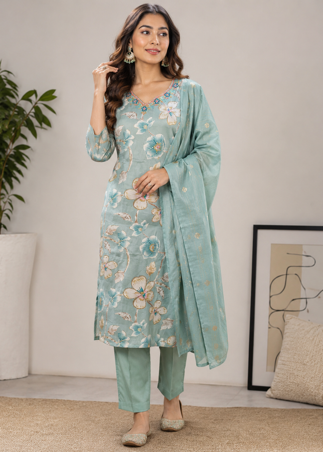 LADIES KURTI SET CODE-A182 He and She Women's Mint Green Floral Kurti Pant Set with Dupatta | Ethnic Wear