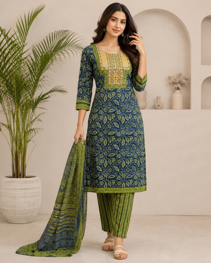 LADIES KURTI SET CODE-A166 Women's Printed Straight Kurti Set with Dupatta & Straight Pajama | Green & Navy Blue Cotton Blend | He and She
