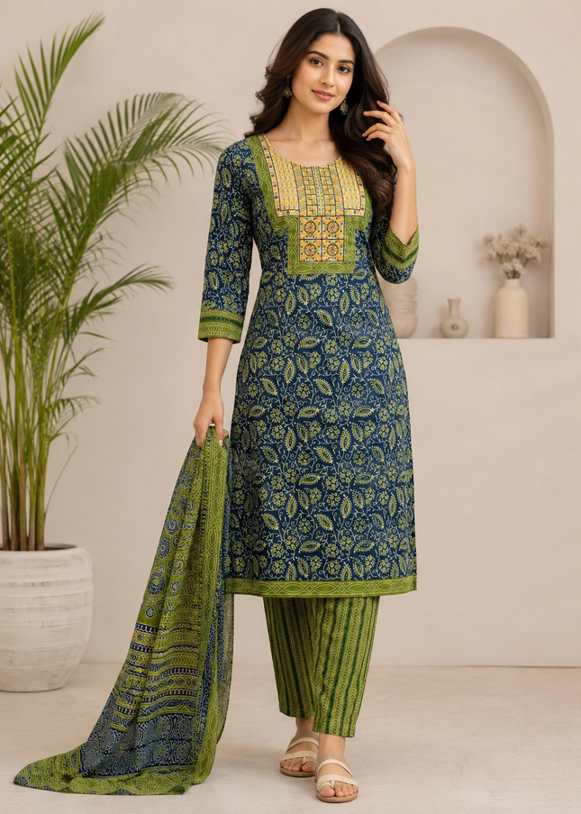 LADIES KURTI SET CODE-A166 Women's Printed Straight Kurti Set with Dupatta & Straight Pajama | Green & Navy Blue Cotton Blend | He and She