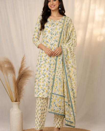 LADIES KURTI SET CODE-A167 Women's Floral Printed Straight Kurta Pant Set with Dupatta | Cotton Blend Ethnic Wear | He and She