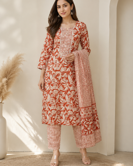 LADIES KURTI SET CODE-A168 He and She Women's Rust Floral Printed Straight Kurti Set with Straight Pajama & Dupatta | Cotton Blend Ethnic Wear