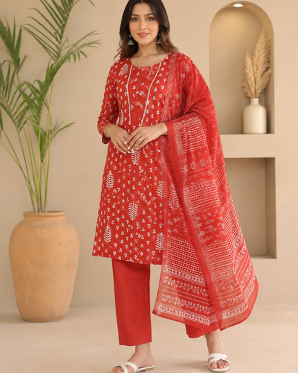 LADIES KURTI SET CODE-A170 Women's Red Printed Straight Kurti Pant Set with Dupatta | Ethnic Cotton Blend Kurta Set | He and She