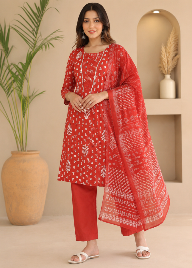 LADIES KURTI SET CODE-A170 Women's Red Printed Straight Kurti Pant Set with Dupatta | Ethnic Cotton Blend Kurta Set | He and She