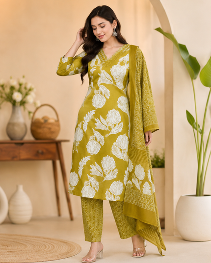 LADIES KURTI SET CODE-A194 Women's Floral Printed Kurta Pant Set with Dupatta | 3-Piece Ethnic Suit Set | Grey, Mustard Yellow & Olive Green | He and She