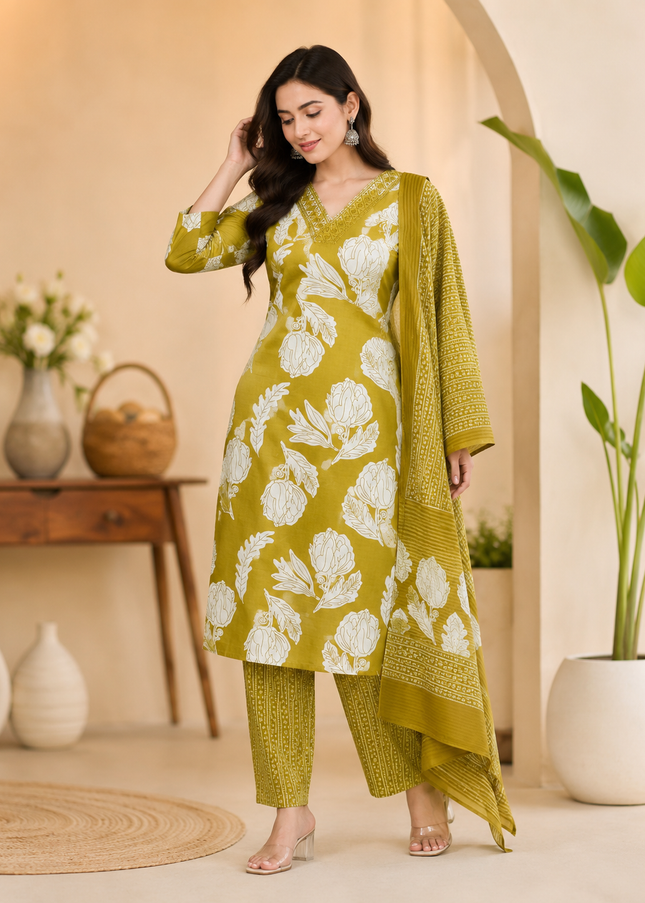 LADIES KURTI SET CODE-A194 Women's Floral Printed Kurta Pant Set with Dupatta | 3-Piece Ethnic Suit Set | Grey, Mustard Yellow & Olive Green | He and She