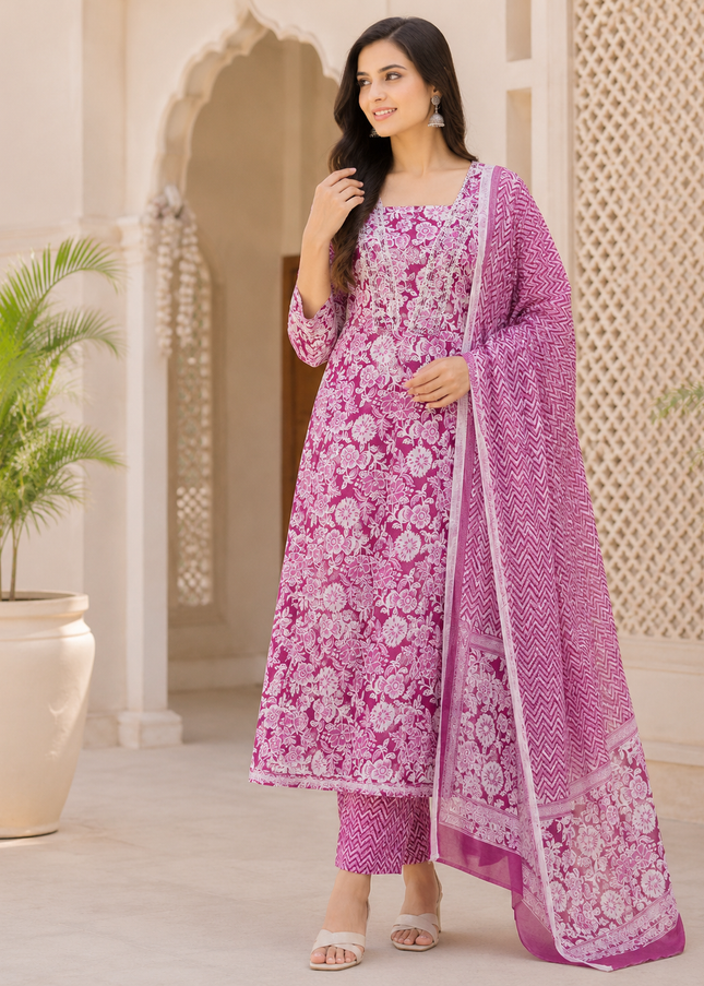 LADIES KURTI SET CODE-A196 He And She Women's Printed Cotton Kurti Set with Straight Pajama & Dupatta | Ethnic 3-Piece Suit Set
