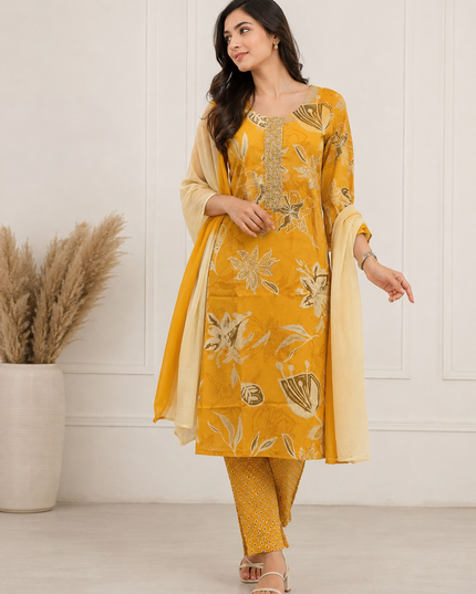 LADIES KURTI SET CODE-A197 He and She Women's Mustard Yellow Printed Kurti Set with Straight Pant & Dupatta | Ethnic Wear