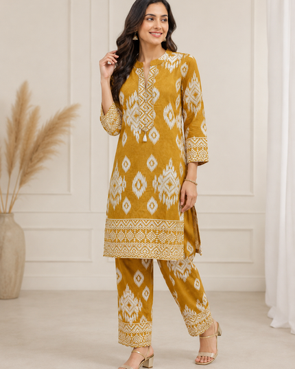 LADIES KURTI SET CODE-A199 He and She Women's Mustard Ikat Print Kurti Pant Set | Straight Fit Ethnic Wear