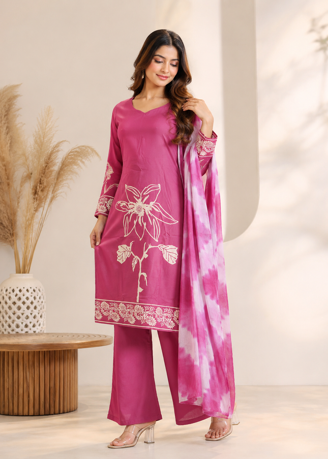 LADIES KURTI SET CODE-A208 He and She Women's Pink Floral Printed Kurta Pant Set with Tie-Dye Dupatta | Ethnic Wear