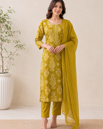 LADIES KURTI SET CODE-A186 He And She Women's Mustard Printed Straight Kurti Pant Set with Dupatta | Ethnic Wear