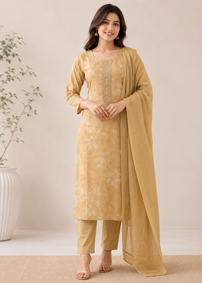 LADIES KURTI SET CODE-A187 He And She Women's Beige Floral Printed Straight Kurti Pant Set with Dupatta | Ethnic Wear