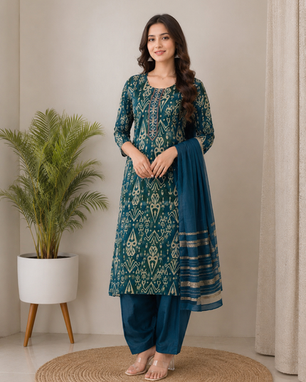 LADIES KURTI SET CODE-A189 Women's Teal Printed Kurti Set with Patiala Pants & Dupatta | Ethnic Cotton Blend Suit Set