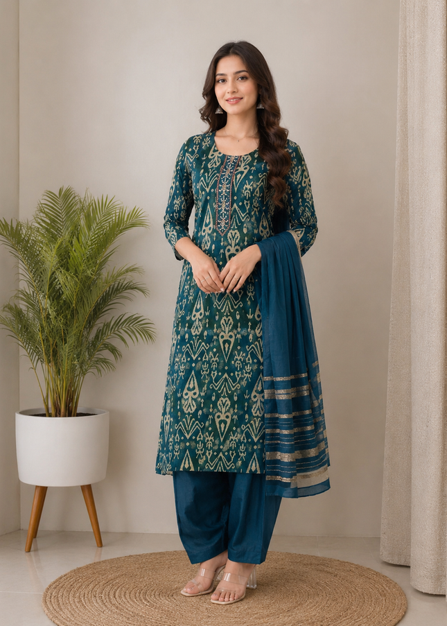LADIES KURTI SET CODE-A189 Women's Teal Printed Kurti Set with Patiala Pants & Dupatta | Ethnic Cotton Blend Suit Set