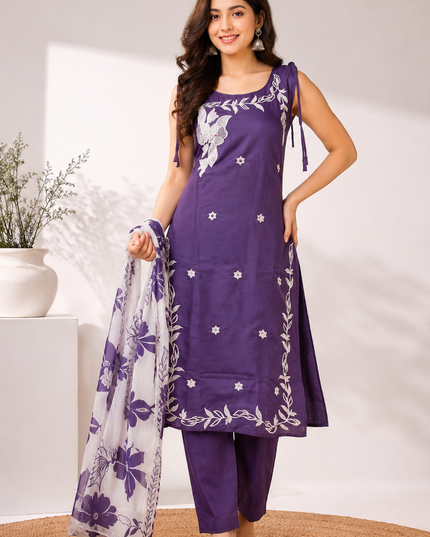 LADIES KURTI SET CODE-A193 Women's Purple Embroidered Cotton Blend Kurta Set with Straight Pants & Printed Dupatta