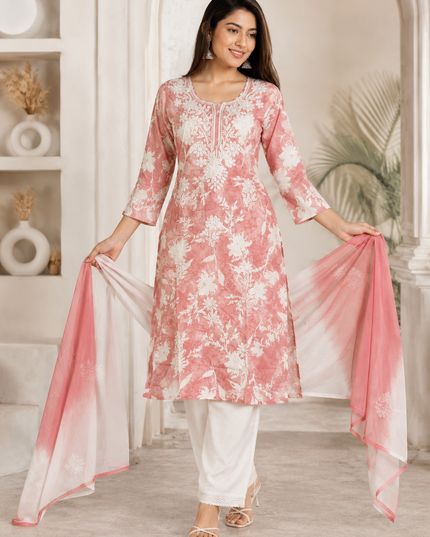 LADIES KURTI SET CODE-A211 Women's Pink Floral Printed Kurta Set with Straight Pant & Ombre Dupatta | Elegant Ethnic Wear