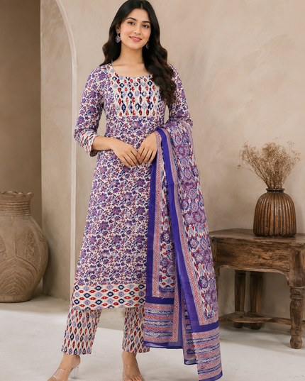 LADIES KURTI SET CODE-A105 Women's Purple Floral Printed 3 Piece Kurti Set with Pant & Dupatta | Ethnic Wear
