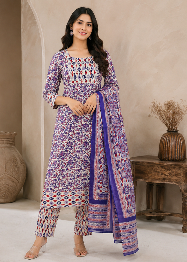 LADIES KURTI SET CODE-A105 Women's Purple Floral Printed 3 Piece Kurti Set with Pant & Dupatta | Ethnic Wear