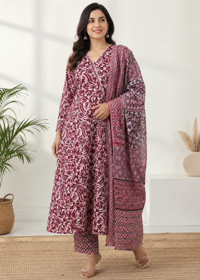 LADIES KURTI SET CODE-A107 Women's Pink Floral Printed Kurta Pant Dupatta Set | Ethnic Cotton Blend Suit Set