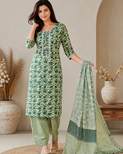 LADIES KURTI SET CODE-A110 Women's Green Floral Printed Cotton Kurta Pant Dupatta Set | Elegant Ethnic Wear