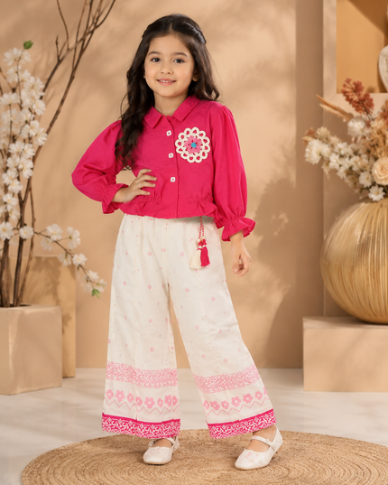 GIRLS CODINATE SET CODE-A213 Girls Pink Embroidered Top with Printed Palazzo Set | Stylish Cotton Blend Co-ord Set | He And She