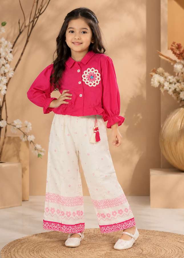 GIRLS CODINATE SET CODE-A213 Girls Pink Embroidered Top with Printed Palazzo Set | Stylish Cotton Blend Co-ord Set | He And She