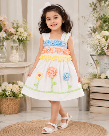 GIRLS FROCK CODE-A214 Girls White Floral Appliqué Cotton Dress | Colorful Summer Party Dress for Kids | He And She