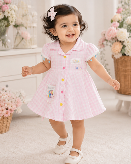 GIRLS FROCK CODE-216 Baby Girls Cotton Checked Shirt Dress | Soft Casual Summer Dress | Pink & Sky Blue | He And She