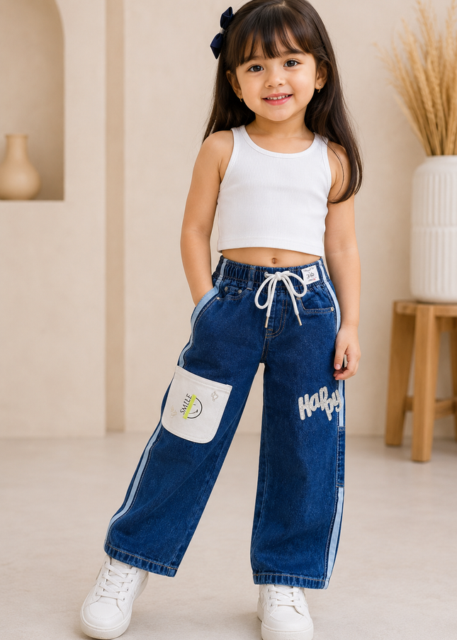 GIRLS JEANS CODE-A219 Girls Dark Blue Wide Leg Denim Jeans with Smile Pocket | Casual Kids Denim Pants | He And She