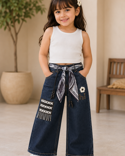GIRLS JEANS CODE-A220 Girls Dark Blue Embroidered Wide Leg Denim Jeans with Scarf Belt | Stylish Kids Denim Pants | He And She