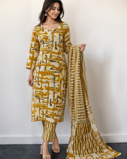 LADIES KURTI SET CODE-A119 Women's Mustard Printed Cotton Kurta Pant Dupatta Set | Ethnic 3-Piece Suit Set