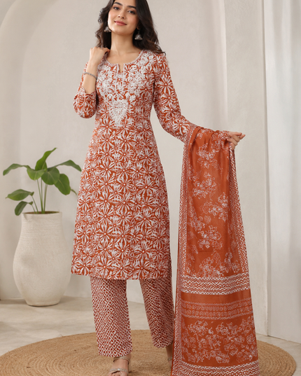 LADIES KURTI SET CODE-A120 Women's Rust Orange Floral Printed Cotton Kurta Pant Dupatta Set with Embroidered Neck