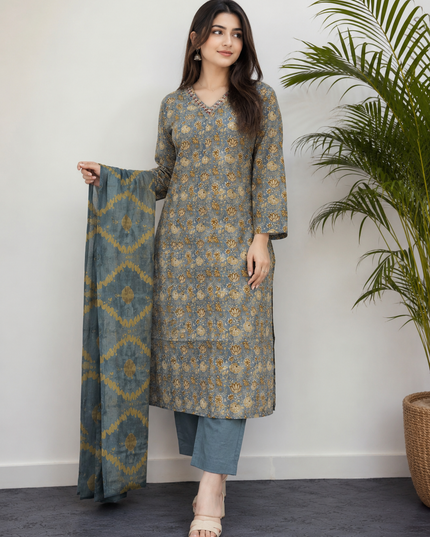 LADIES KURTI SET CODE-A122 Women's Grey Floral Printed Kurta Pant Set with Dupatta
