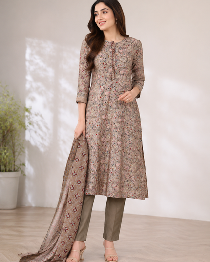 LADIES KURTI SET CODE-A125 Women's Mehendi Floral Printed A-Line Kurta Pant Dupatta Set | 3-Piece Ethnic Suit