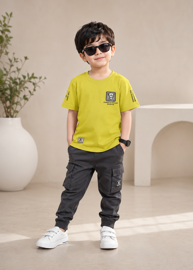 BOYS TSHIRT CODE-A127 Boys Graphic Printed Cotton Half Sleeve T-Shirt | Green & Beige | Casual Summer Wear (2-7 Years)